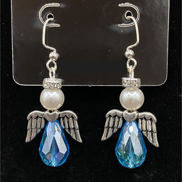 Angel Aqua Blue Crystal & Faux Pearl Bead Earrings by Neanie-Bot - Picture 1 of 1